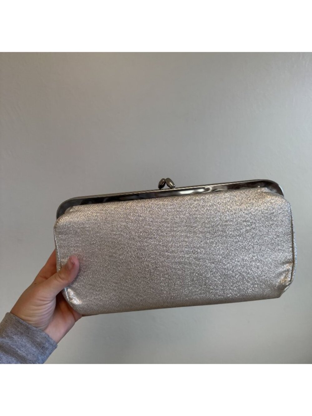Vintage Silver Glitter Kiss Lock Evening Clutch Bag Retro Metallic Prom Cocktail